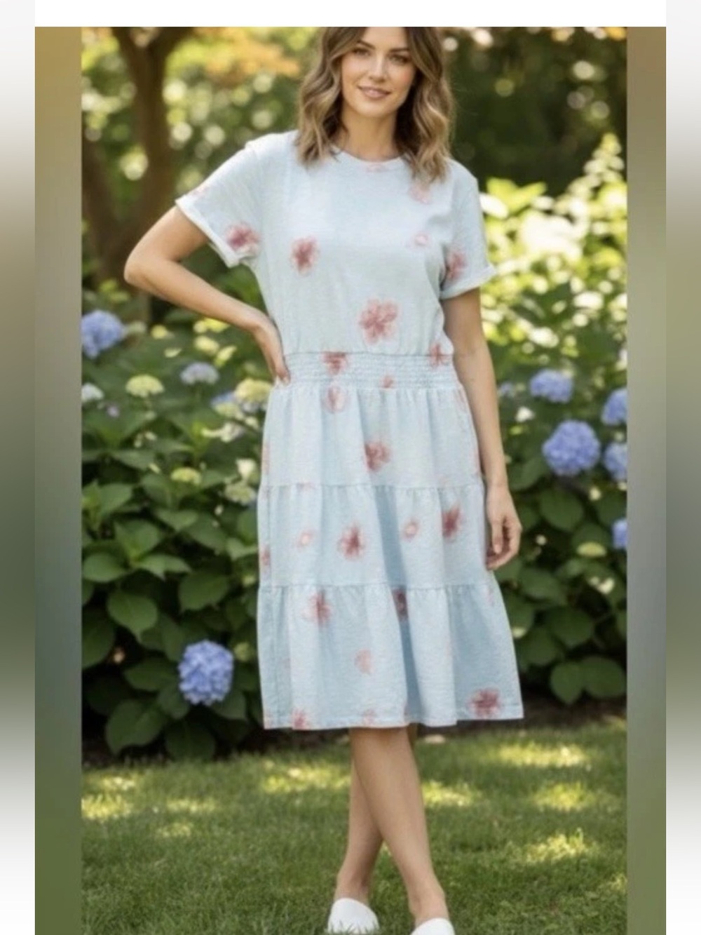 Peace Love World Floral Midi Dress XL Blue Tiered Smocked Waist Short Sleeve